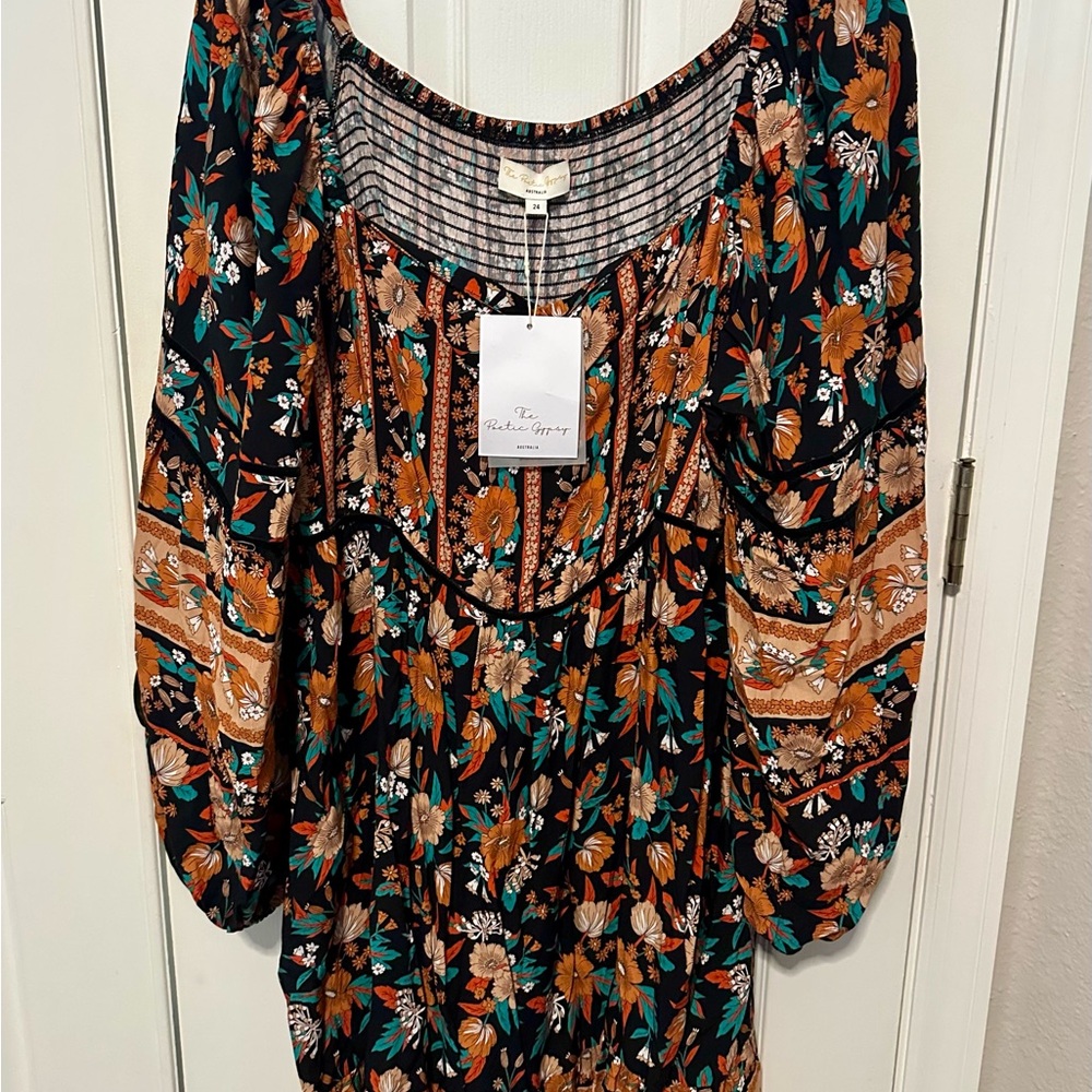 Floral Boho Dress with Orange and Green Accents plus size US 22